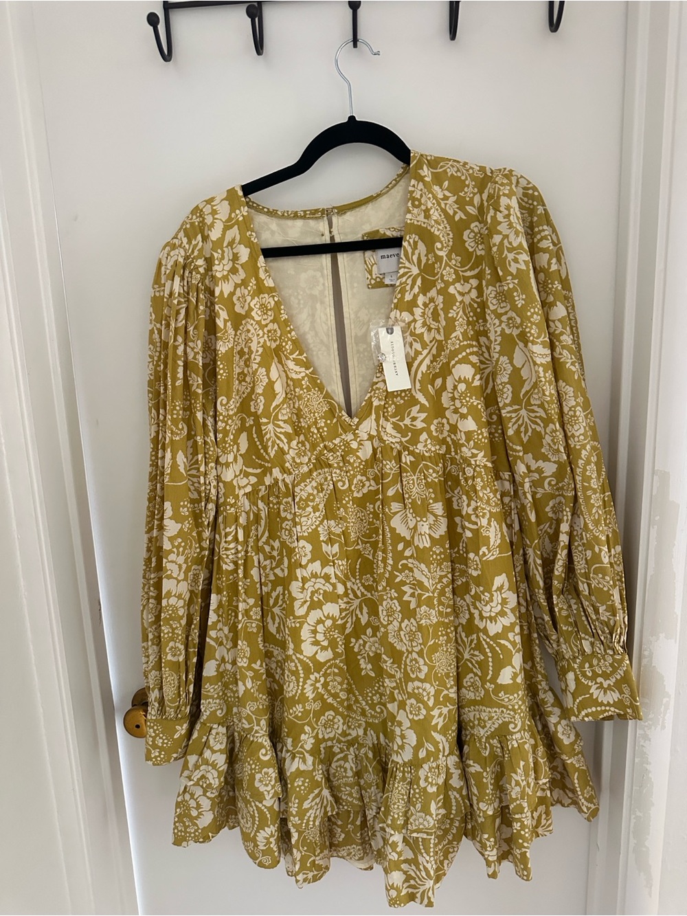 NWT Anthropologie Maeve Floral Mustard Yellow White Puff Sleeve Mini Dress - Picture 4 of 4